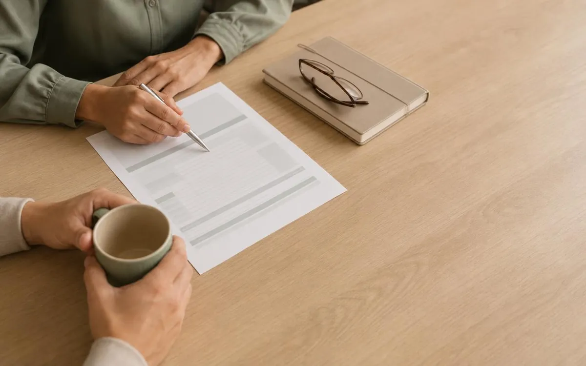 Una asesora señala con un bolígrafo un punto de un documento sobre la mesa mientras un cliente escucha con una taza en las manos